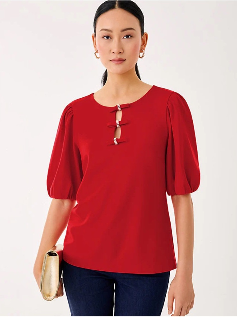 NWT Lilly Pulitzer Ethenia Bow Red Puff-Sleeve Knit Top in size Large